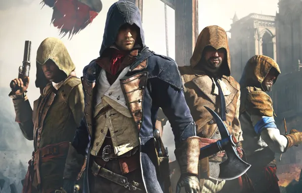 Picture Look, Cathedral, Light, Flag, Weapons, Hood, Ubisoft, Assassin's Creed