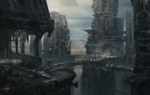 Picture the city, ship, tower, height, art, Star Citizen, Dennis Chan