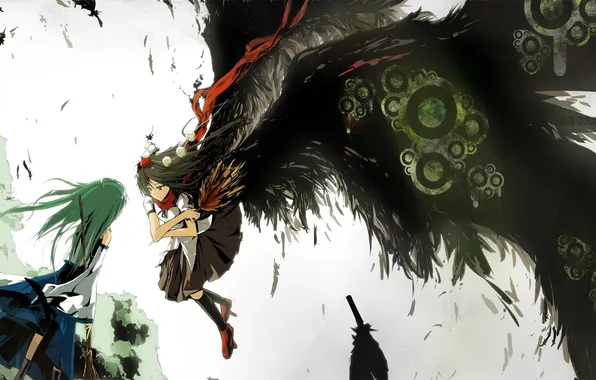 Girls, wings, feathers, art, touhou