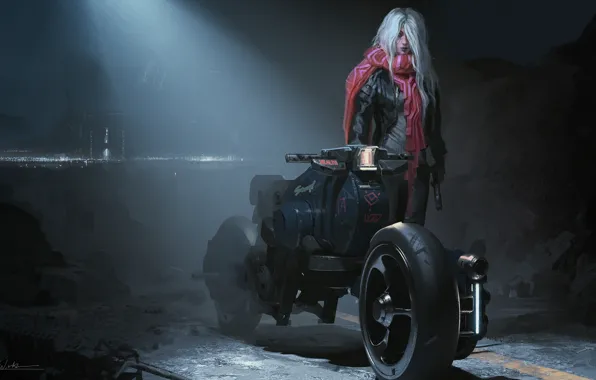 Girl, Night, Motorcycle, Art, Illustration, Transport, Characters, Vehicles