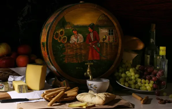 The dark background, wine, apples, bottle, cheese, cookies, grapes, Cup