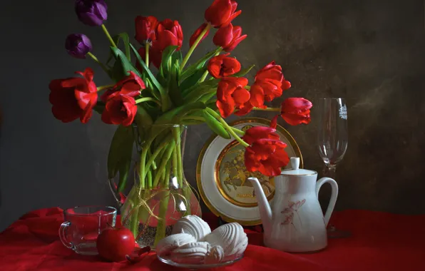 Glass, bouquet, tulips, dishes, still life, composition