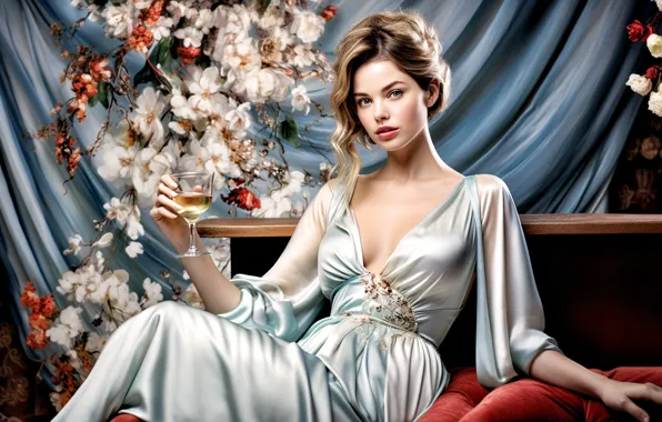 Look, girl, flowers, wine, glass, bouquet, negligee, hairstyle