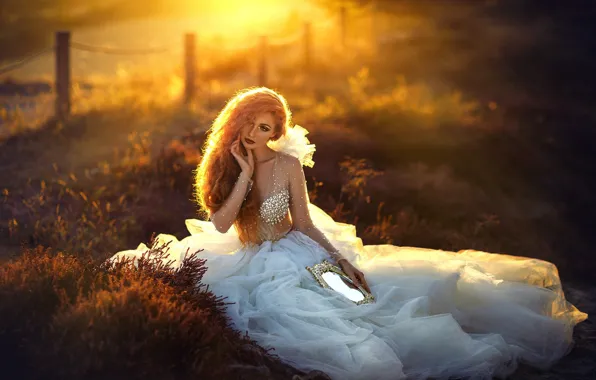 Field, look, girl, the sun, rays, light, sunset, nature