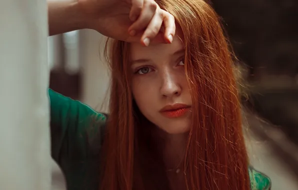 Look, girl, face, hair, hand, portrait, red, redhead
