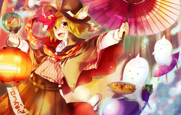 Girl, umbrella, Halloween, ghosts, ears, ghosts