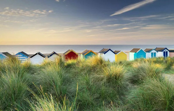 Picture sea, beach houses, Suffolk, Southwold