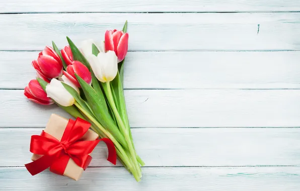 Flowers, gift, bouquet, tulips, red, love, white, wood
