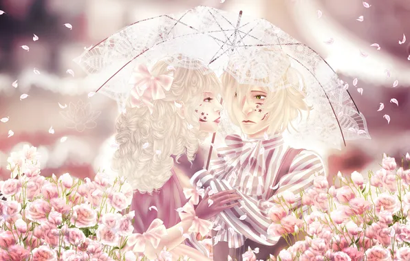 Girl, flowers, umbrella, anime, petals, art, guy, bow