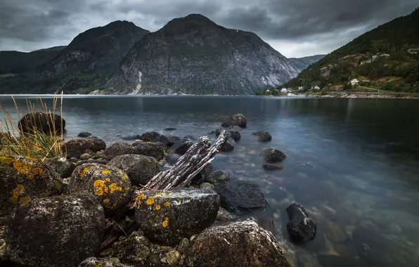 Mountains, clouds, village, stones, Norway, bush, Fjord, driftwood