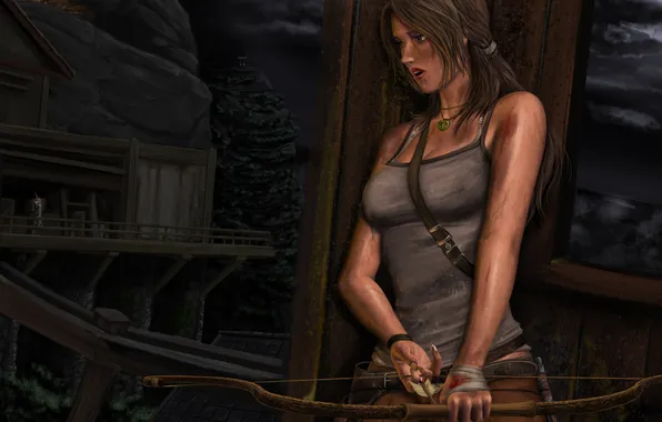 Picture shelter, bow, art, arrow, hiding, Lara Croft, Tomb raider