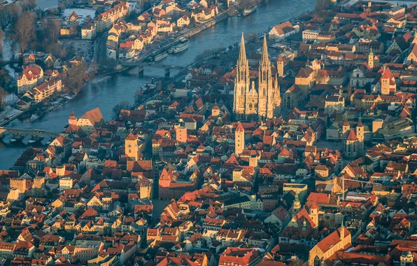 Bridge, river, home, Germany, Bayern, Church, panorama, Cathedral