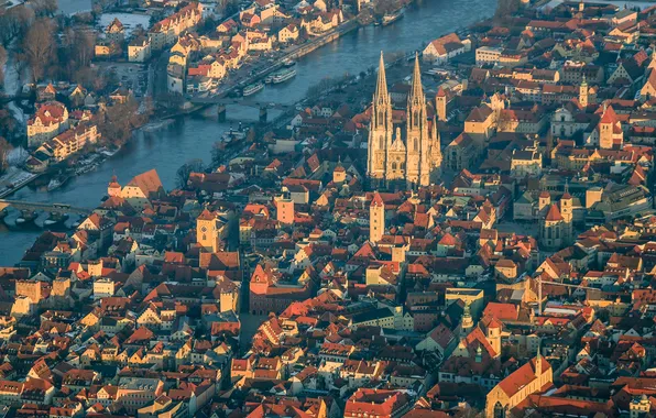 Picture bridge, river, home, Germany, Bayern, Church, panorama, Cathedral