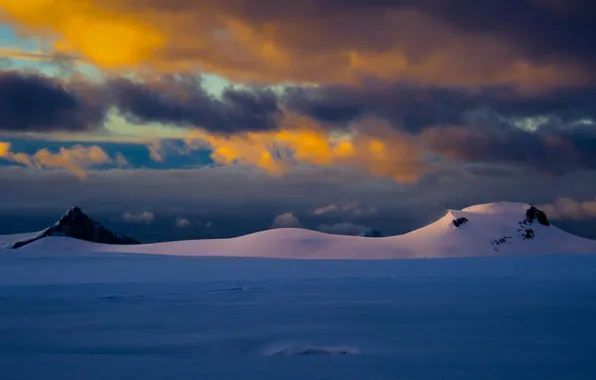 Winter, snow, mountains, clouds, nature