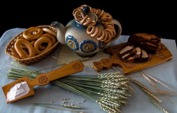 Table, kettle, the tea party, bagels, cupcake, bagels, bakery products