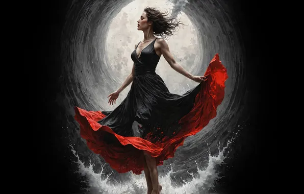 Water, girl, dance, black background