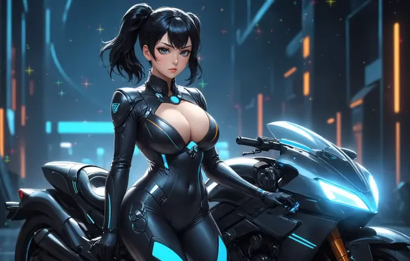 Picture cleavage, bodysuit, motorcycle, women, waifu2x, AI art