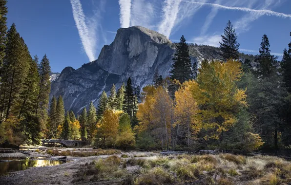 Picture mountains, bridge, river, rocks, USA, Yosemite