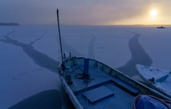 Winter, sunrise, dawn, ship, ice, morning, Japan, Japan