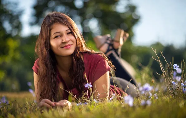 Picture summer, grass, look, girl, flowers, nature, smile, brown hair