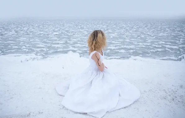 Girl, snow, lake, shore, dress, cold, Lichon, cracked