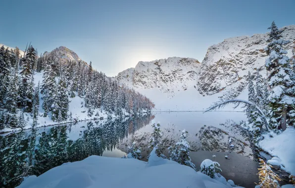 Winter, the sky, snow, trees, mountains, reflection