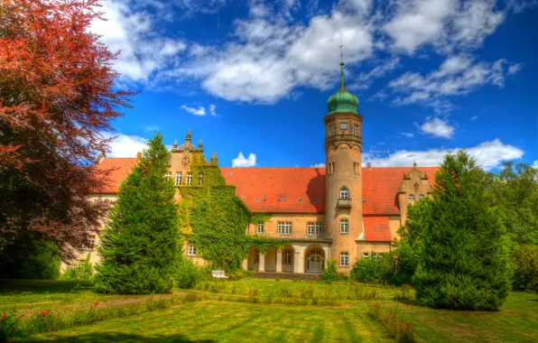The sky, trees, castle, tower, hdr