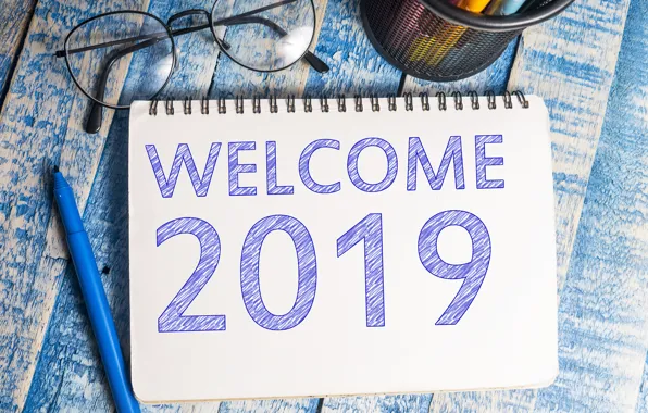 New year, glasses, Notepad, 2019