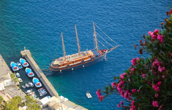 Sea, boats, yacht, Santorini, Greece, pier, Santorini, Oia