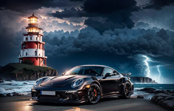 Picture sea, the storm, lightning, lighthouse, sports car, Porsche 911, Porsche 911 GT3 RS