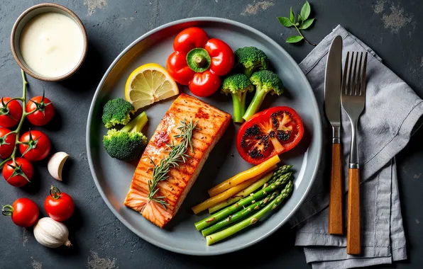 Lemon, fish, knife, pepper, plug, tomatoes, sauce, broccoli