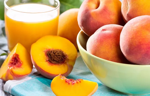 Fruit, peaches, peach juice
