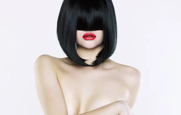 Picture girl, model, hair, hands, white background, bangs, red lips, haircut. Kare