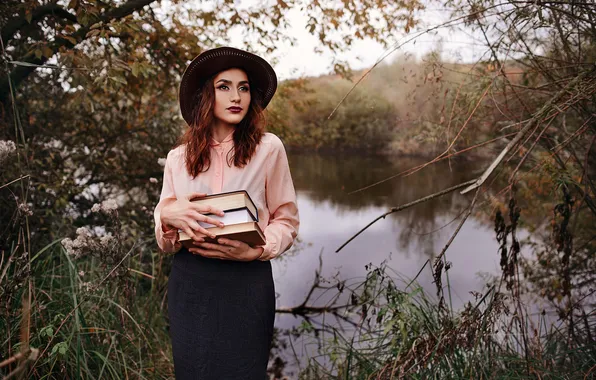 Picture Girl, Lake, Summer, Hat, Beautiful, Books, Oksana