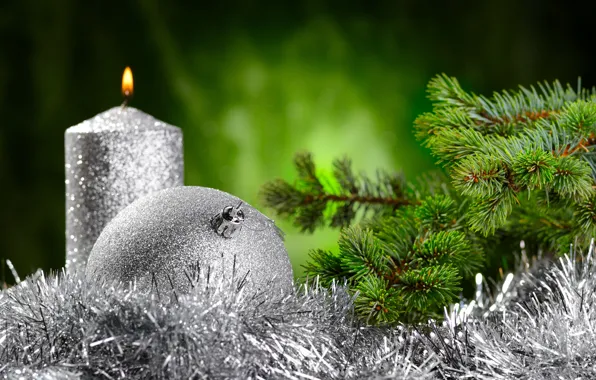 Balls, tree, candle, New Year, Christmas, tinsel, Christmas, New Year