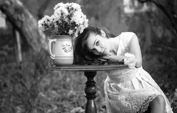 Picture girl, bouquet, dress, table, chrysanthemum, b & W photo