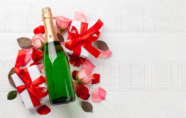Love, flowers, gift, romance, roses, love, champagne, happy