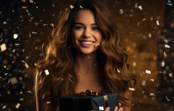 Look, girl, joy, smile, the dark background, mood, holiday, box