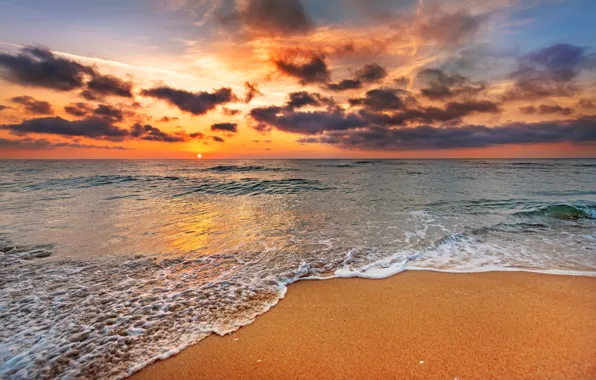 Sand, sea, beach, the sky, water, landscape, sunset, nature