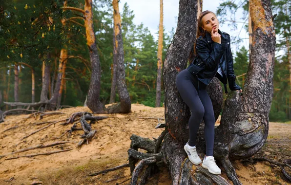 Picture girl, trees, pose, jacket, nature, Sergey Bogatkov