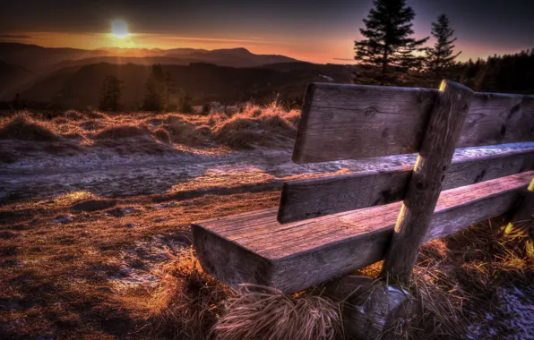 Picture road, sunset, bench