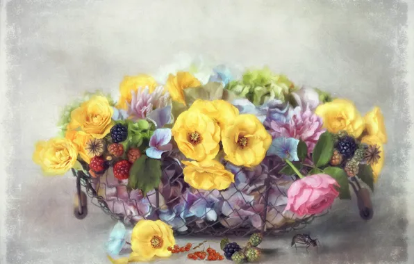 Leaves, flowers, yellow, berries, background, mesh, blue, bouquet