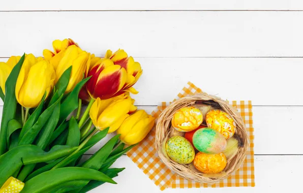 Picture flowers, eggs, colorful, Easter, tulips, happy, yellow, wood