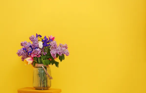 Picture flowers, yellow, background, bouquet, tulips, vase, lilac