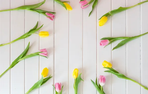 Flowers, spring, yellow, tulips, pink, fresh, yellow, wood