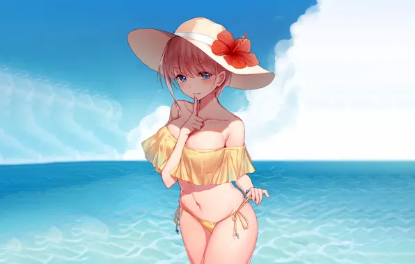 Picture girl, sexy, cleavage, sea, boobs, anime, beautiful, short hair