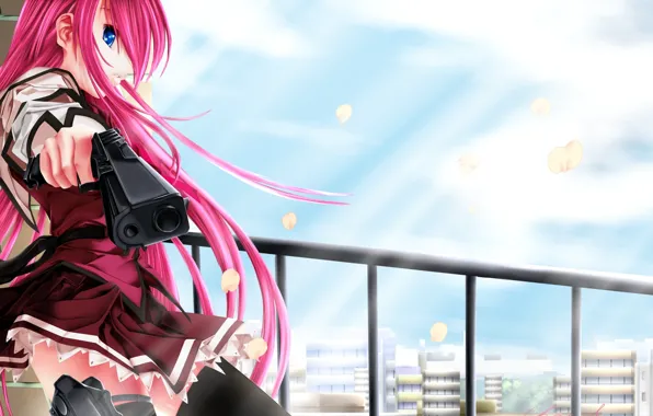 Picture roof, look, girl, the city, weapons, school uniform, art, chanelqueen17