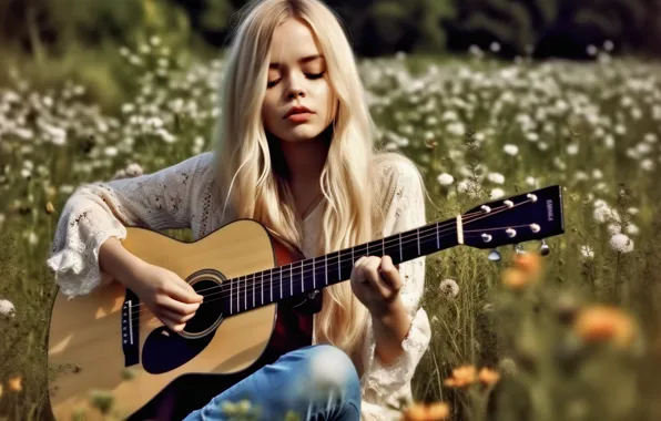 Field, summer, girl, flowers, nature, pose, music, glade