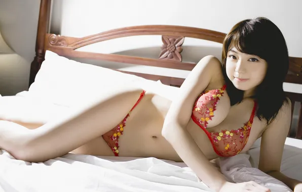 Girl, bed, lies, Asian, in red, Shizuka Nakamura