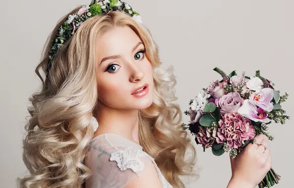 Picture look, girl, flowers, background, bouquet, makeup, hairstyle, blonde